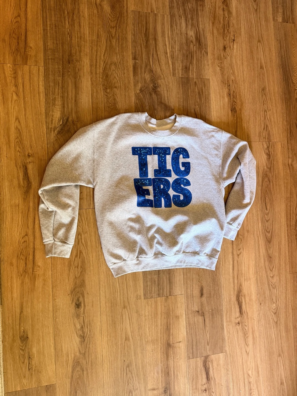 Gildan Gray Crewneck Sweatshirt with Blue TIGERS Graphic
